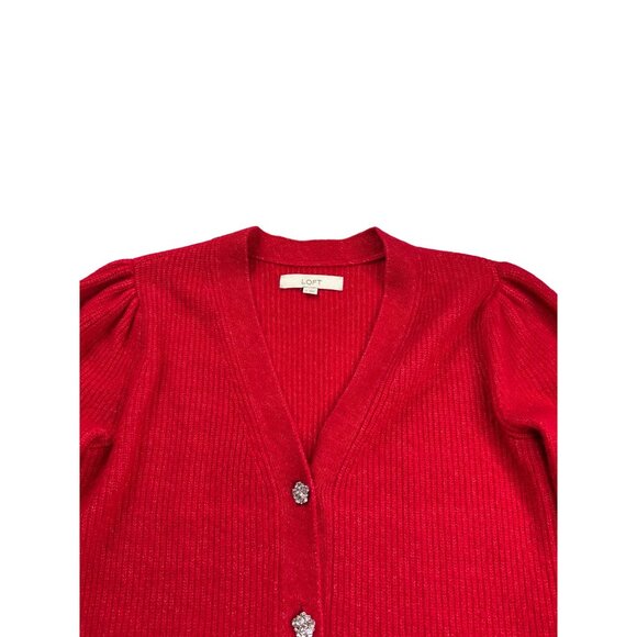 Loft Womens Fuzzy Red Button Front Cardigan Sweater Size S Rhinestone Buttons - Picture 2 of 9